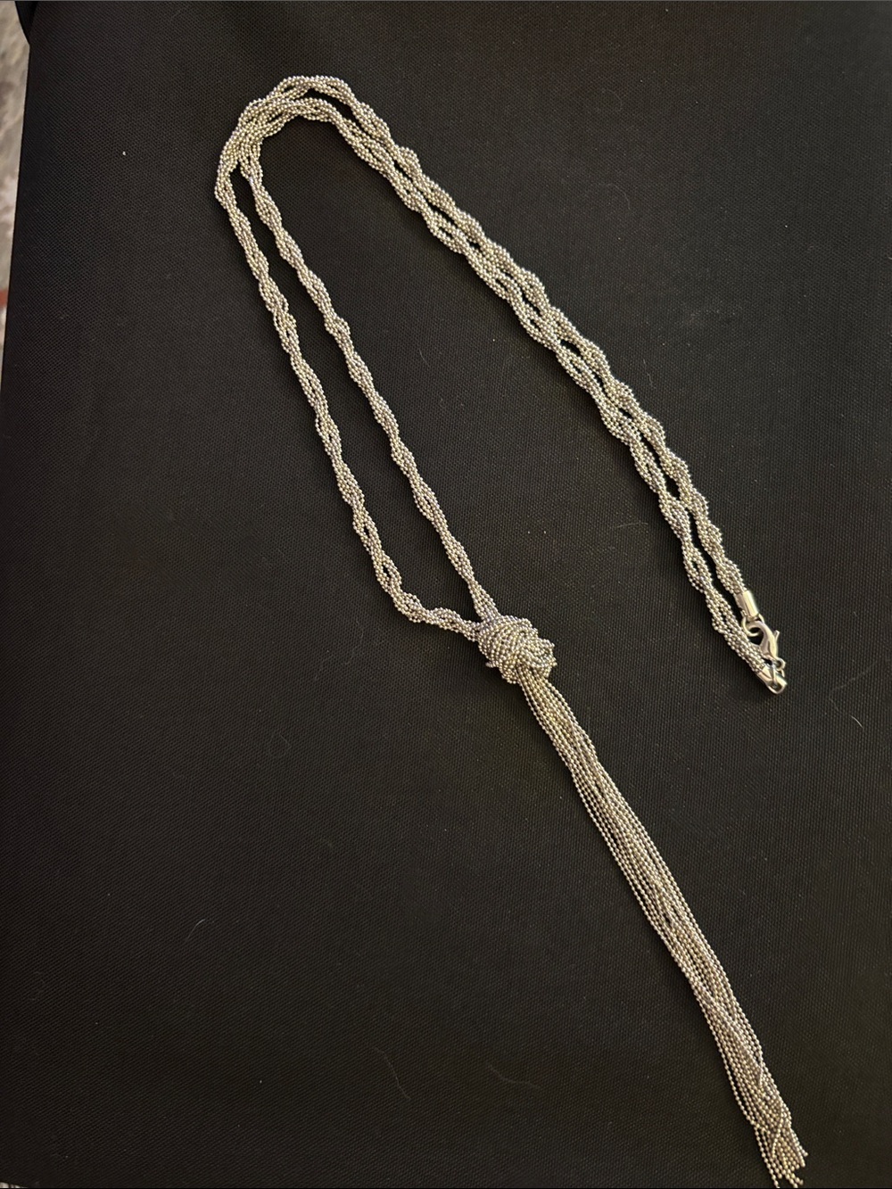Silver Beaded Tassel Necklace - Elegant Knot Pendant 45”